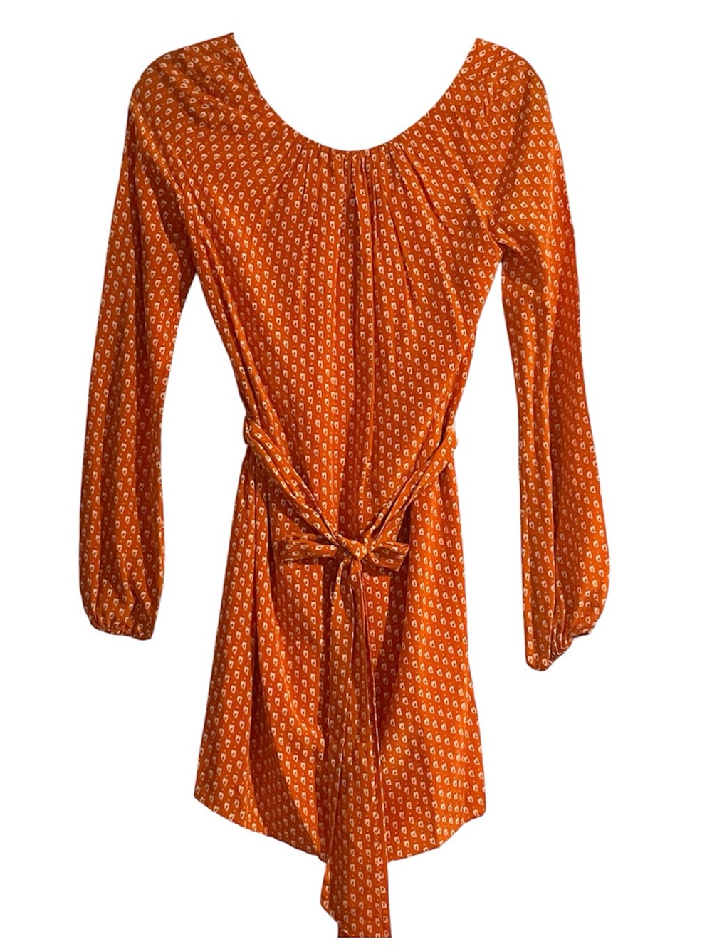 Shoshanna 100% silk tie belt mini dress orange long sleeve shift retro boho sz 0